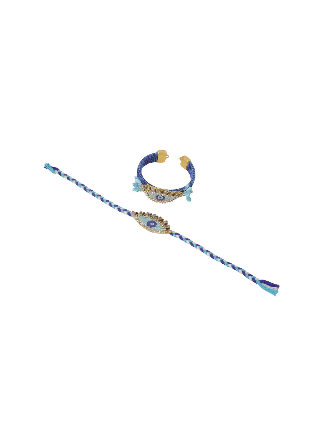 NVR Set of 2 Blue Evil Eye & Kundan Studded Handcrafted Bhaiya Bhabhi Rakhi Combo | Swadesiicart