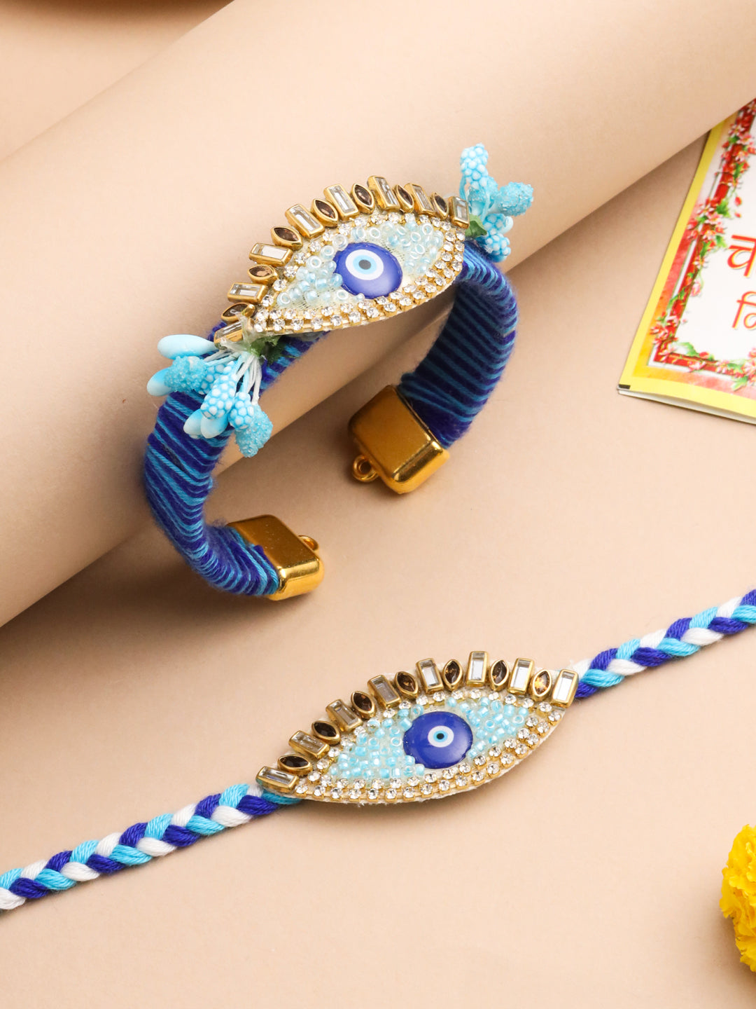 NVR Set of 2 Blue Evil Eye & Kundan Studded Handcrafted Bhaiya Bhabhi Rakhi with Roli Chawal Chandan & Mishri | Swadesiicart
