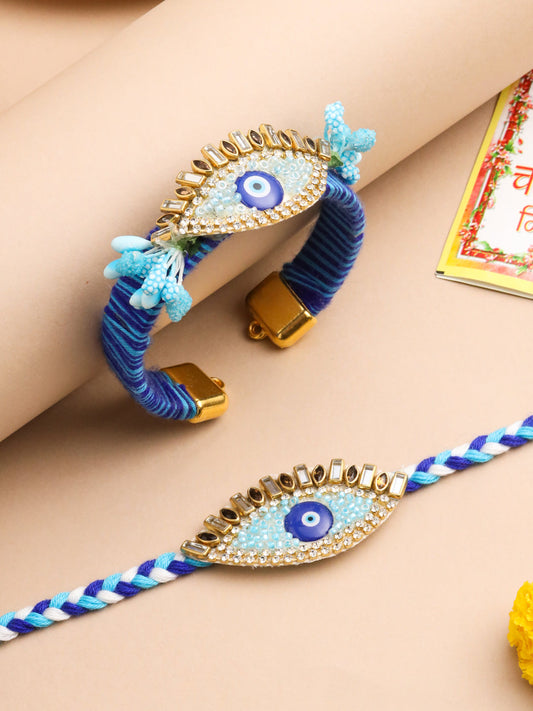 NVR Set of 2 Blue Evil Eye & Kundan Studded Handcrafted Bhaiya Bhabhi Rakhi with Roli Chawal Chandan & Mishri | Swadesiicart