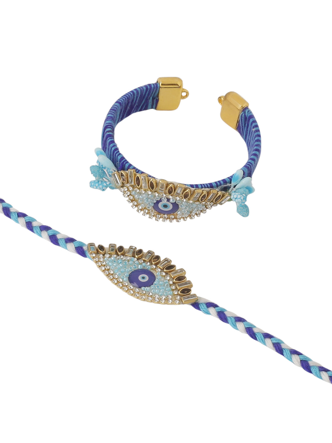 NVR Set of 2 Blue Evil Eye & Kundan Studded Handcrafted Bhaiya Bhabhi Rakhi with Roli Chawal Chandan & Mishri | Swadesiicart