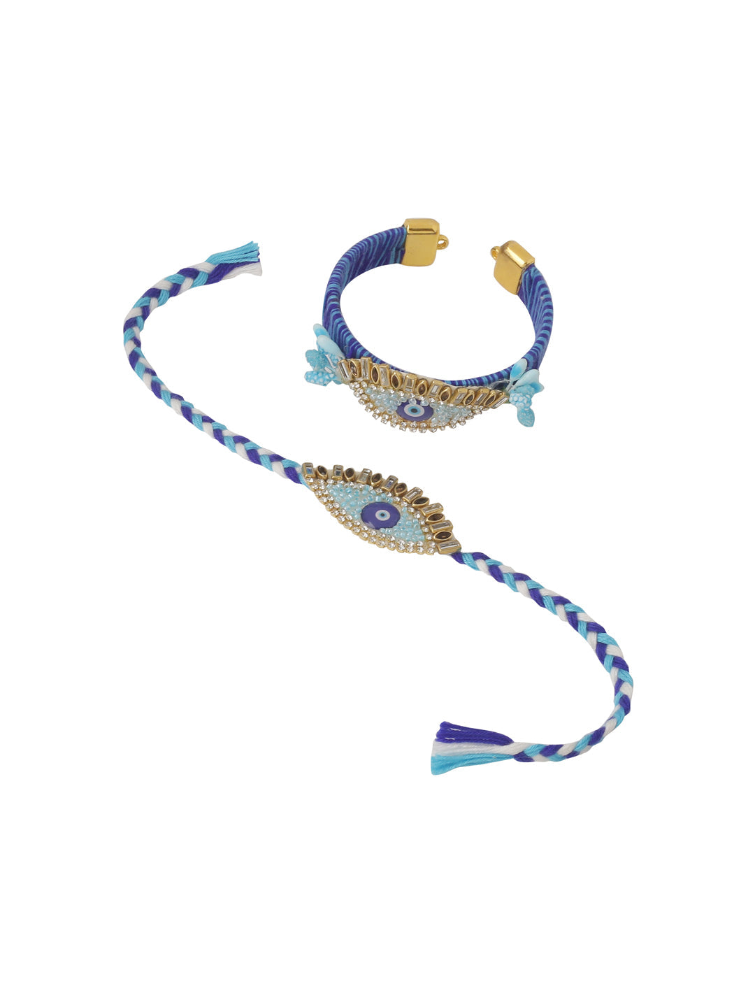 NVR Set of 2 Blue Evil Eye & Kundan Studded Handcrafted Bhaiya Bhabhi Rakhi with Roli Chawal Chandan & Mishri | Swadesiicart