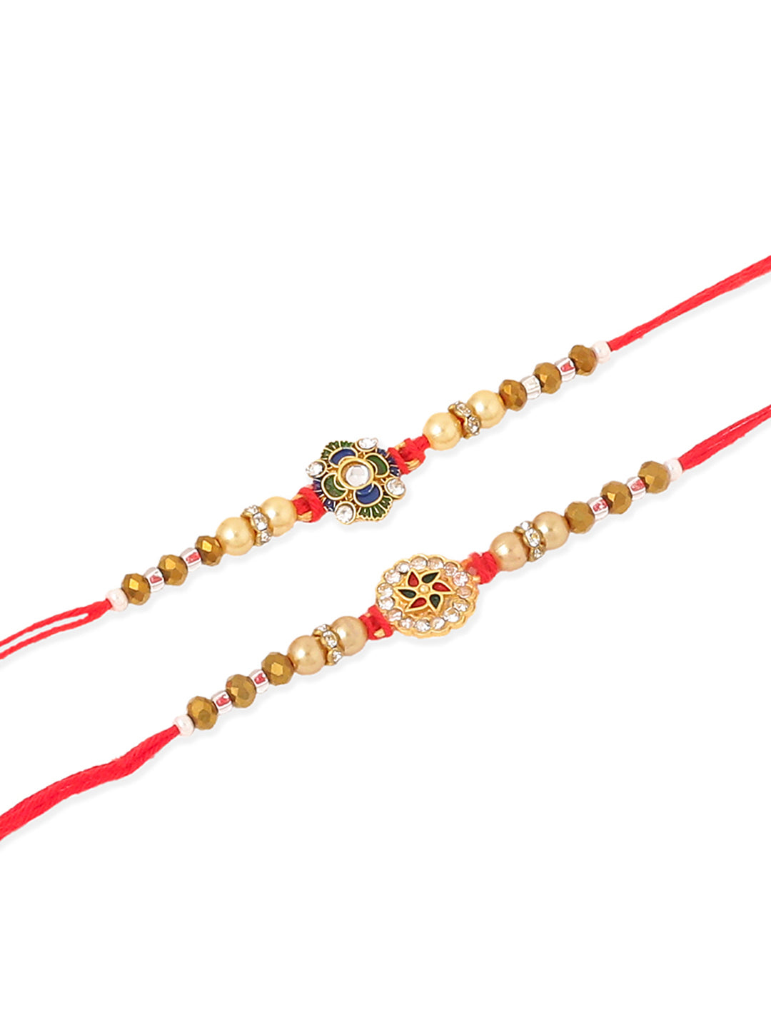 NVR Men Set of 2 Red & Gold Floral Design Artificial Stones & Beads Thread Rakhi Combo | Swadesiicart