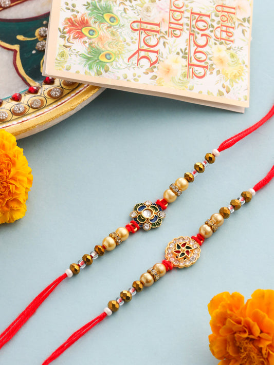 NVR Men Set of 2 Red & Gold Floral Design Artificial Stones & Beads Thread Rakhi With Roli Chawal Chandan & Mishri - Swadesiicart