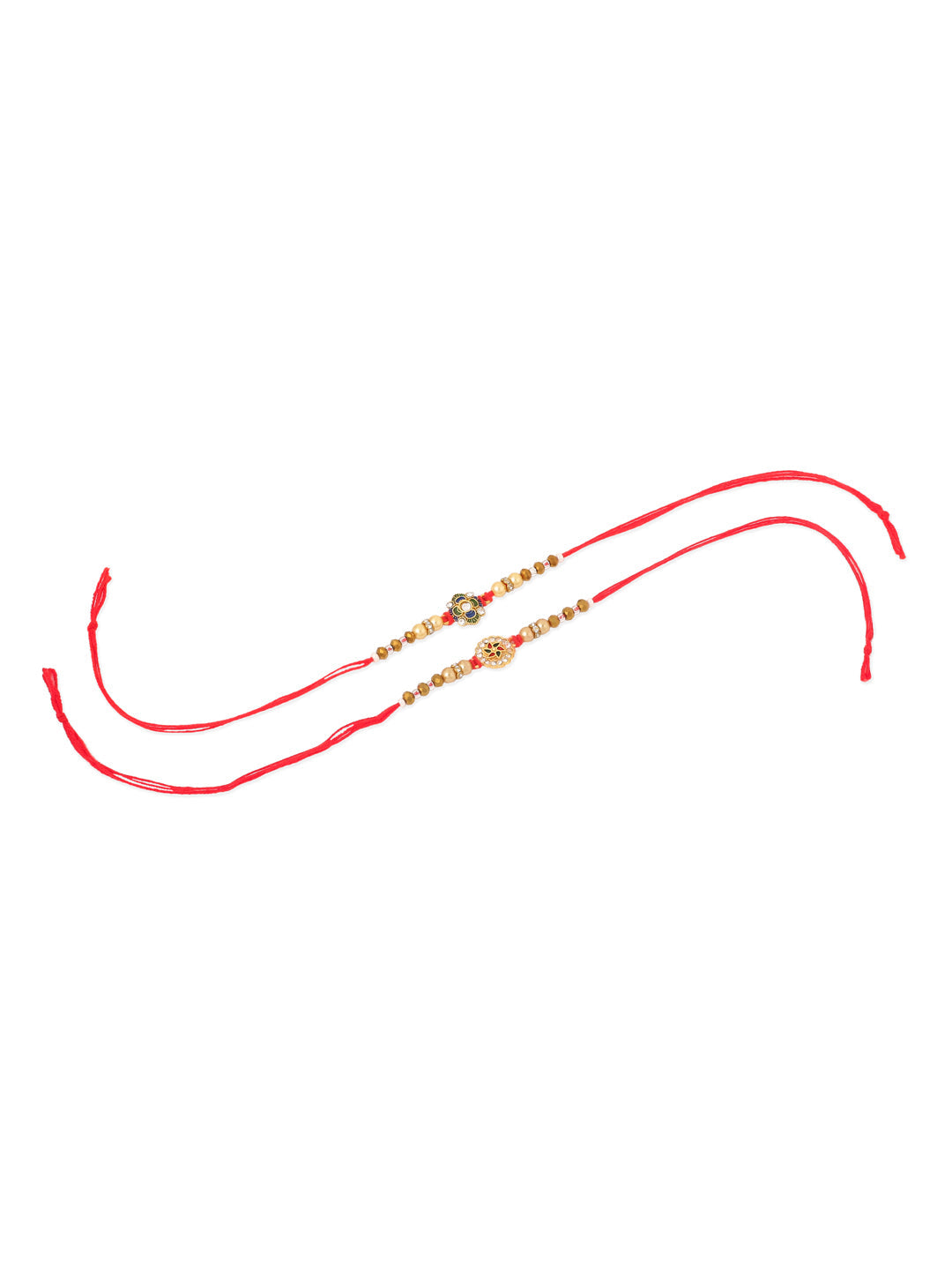 NVR Men Set of 2 Red & Gold Floral Design Artificial Stones & Beads Thread Rakhi With Roli Chawal Chandan & Mishri - Swadesiicart