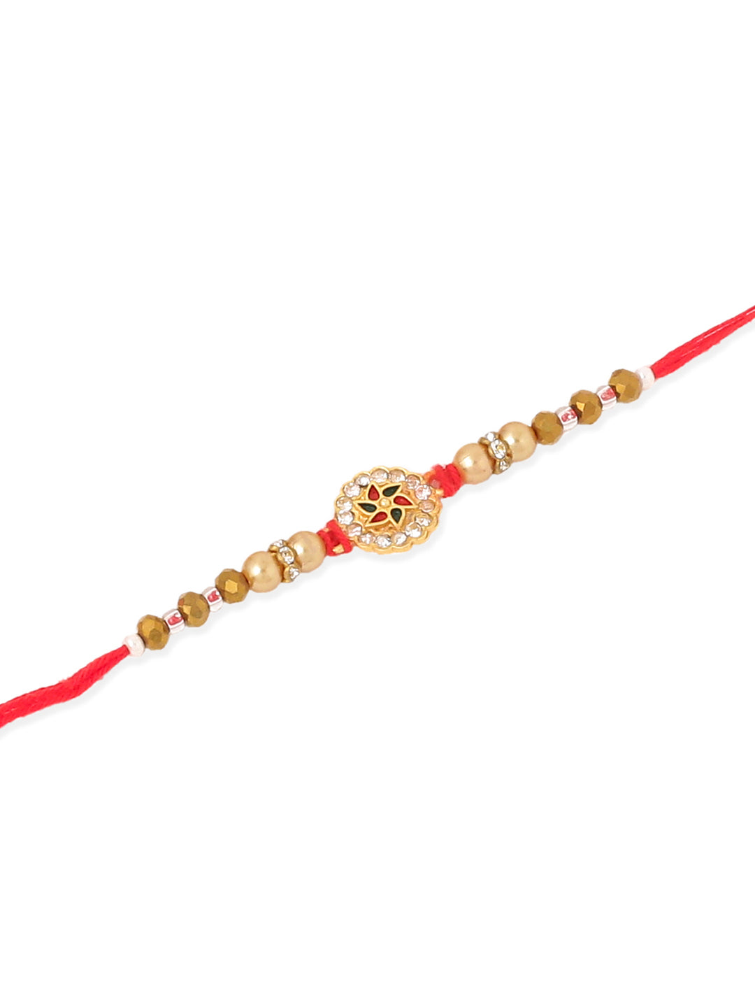NVR Men Set of 2 Red & Gold Floral Design Artificial Stones & Beads Thread Rakhi With Roli Chawal Chandan & Mishri - Swadesiicart