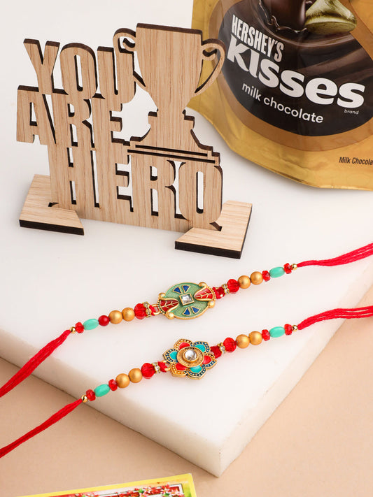 NVR Men Set of 2 Floral Design Red Artificial Stones & Beads Thread Rakhi Combo | Swadesiicart