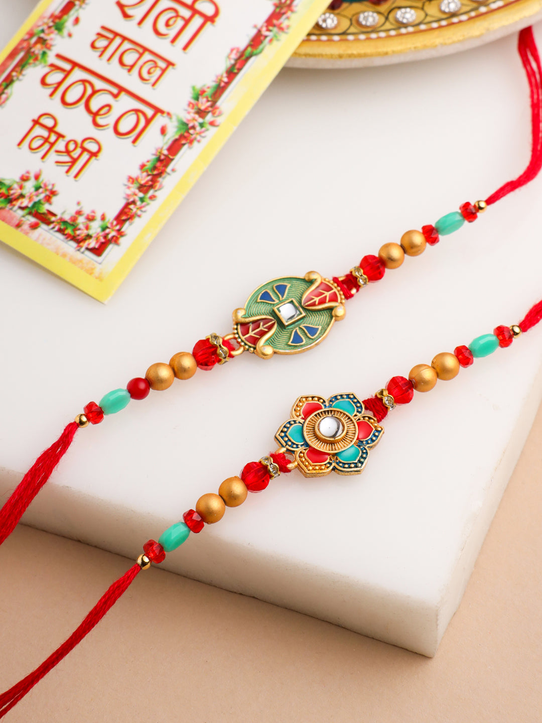 NVR Men Set of 2 Floral Design Red Artificial Stones & Beads Thread Rakhi With Roli Chawal Chandan & Mishri - Swadesiicart