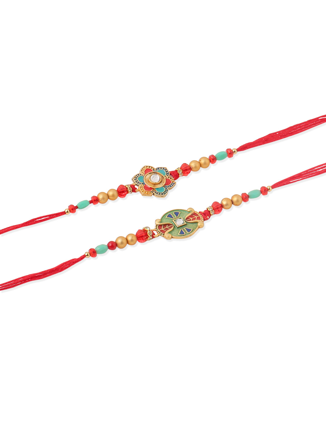 NVR Men Set of 2 Floral Design Red Artificial Stones & Beads Thread Rakhi With Roli Chawal Chandan & Mishri - Swadesiicart