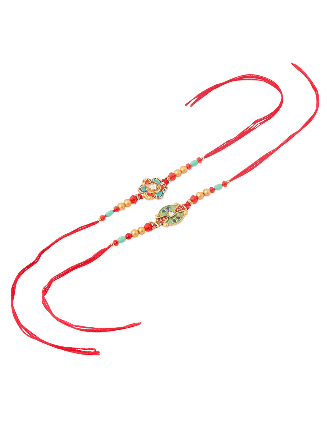 NVR Men Set of 2 Floral Design Red Artificial Stones & Beads Thread Rakhi With Roli Chawal Chandan & Mishri - Swadesiicart