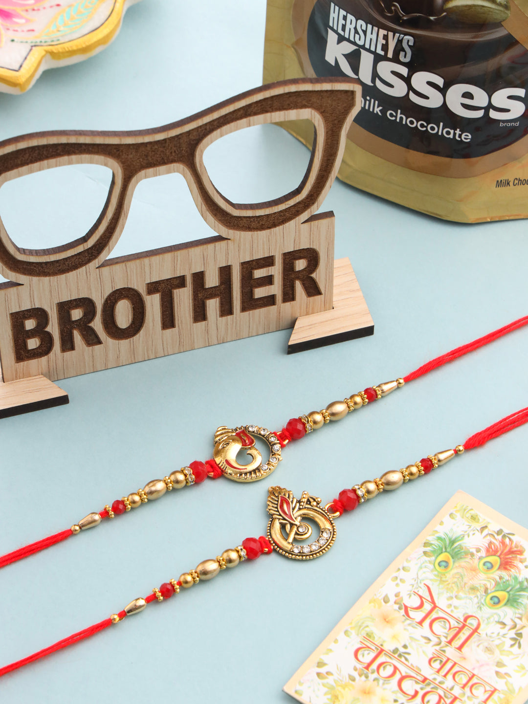 NVR Men Set of 2 Golden Red Religious Designer Ganesh Ji Thread Rakhi Combo | Swadesiicart