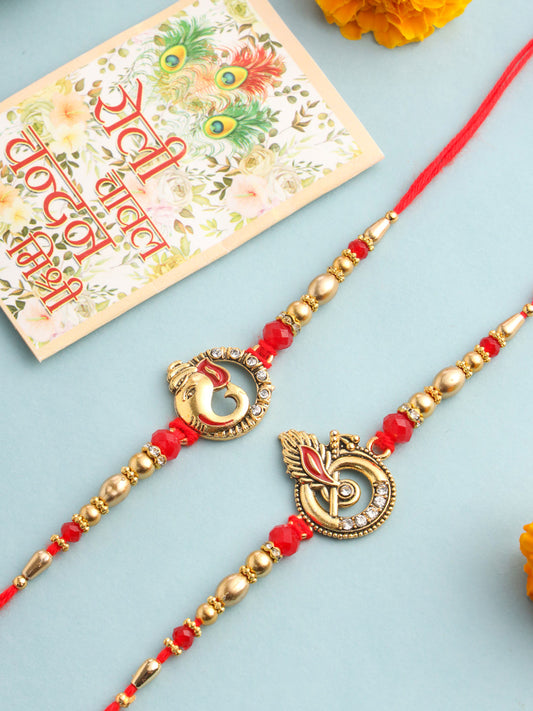 NVR Men Set of 2 Golden Red Religious Designer Ganesh Ji Thread Rakhi With Roli Chawal Chandan & Mishri | Swadesiicart