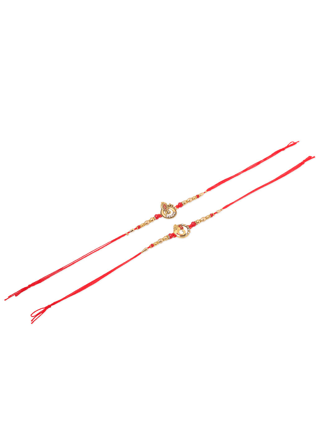NVR Men Set of 2 Golden Red Religious Designer Ganesh Ji Thread Rakhi With Roli Chawal Chandan & Mishri | Swadesiicart