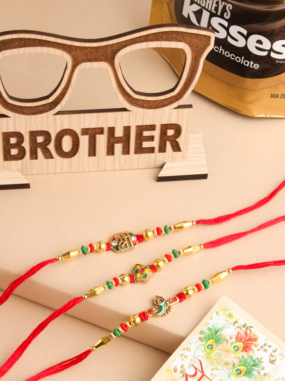 NVR Men Set of 3 Red & Gold Floral Design Artificial Stones and Beads Thread Rakhi Combo | Swadesiicart
