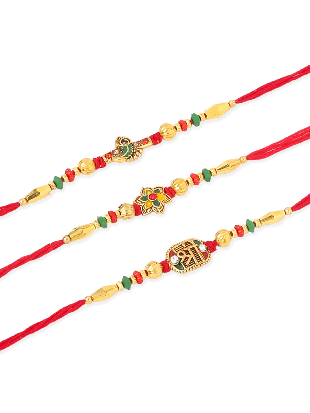 NVR Men Set of 3 Red & Gold Floral Design Artificial Stones and Beads Thread Rakhi Combo | Swadesiicart