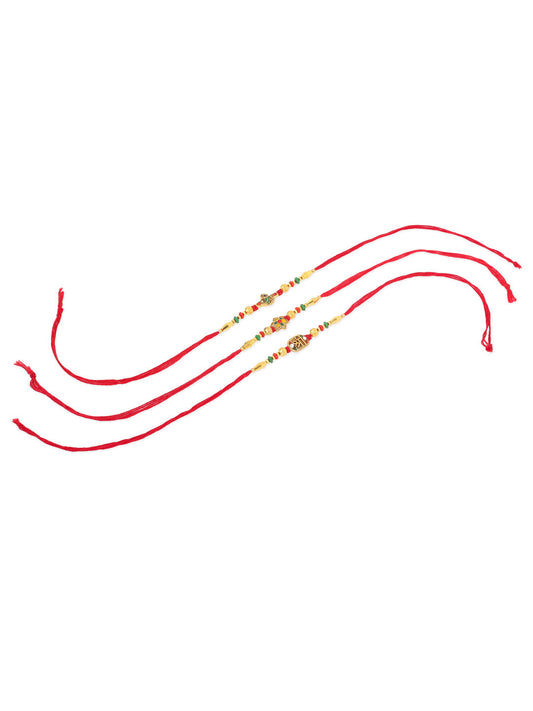 NVR Men Set of 3 Red & Gold Floral Design Artificial Stones and Beads Thread Rakhi Combo | Swadesiicart