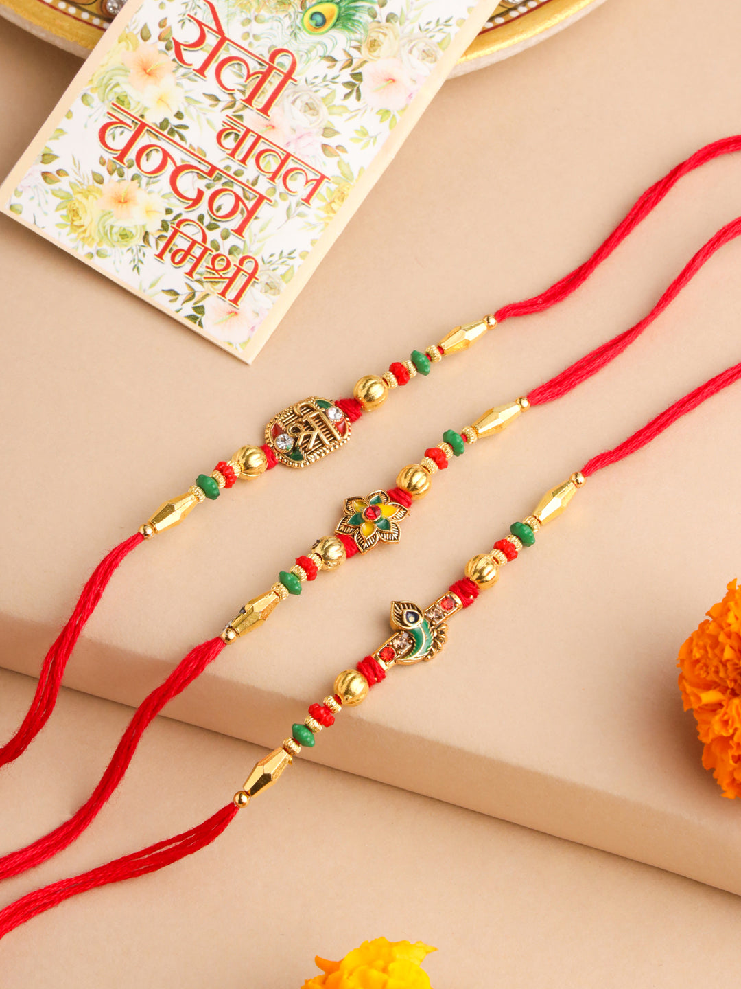 NVR Men Set of 3 Red & Gold Floral Design Artificial Stones and Beads Thread Rakhi With Roli Chawal Chandan & Mishri - Swadesiicart