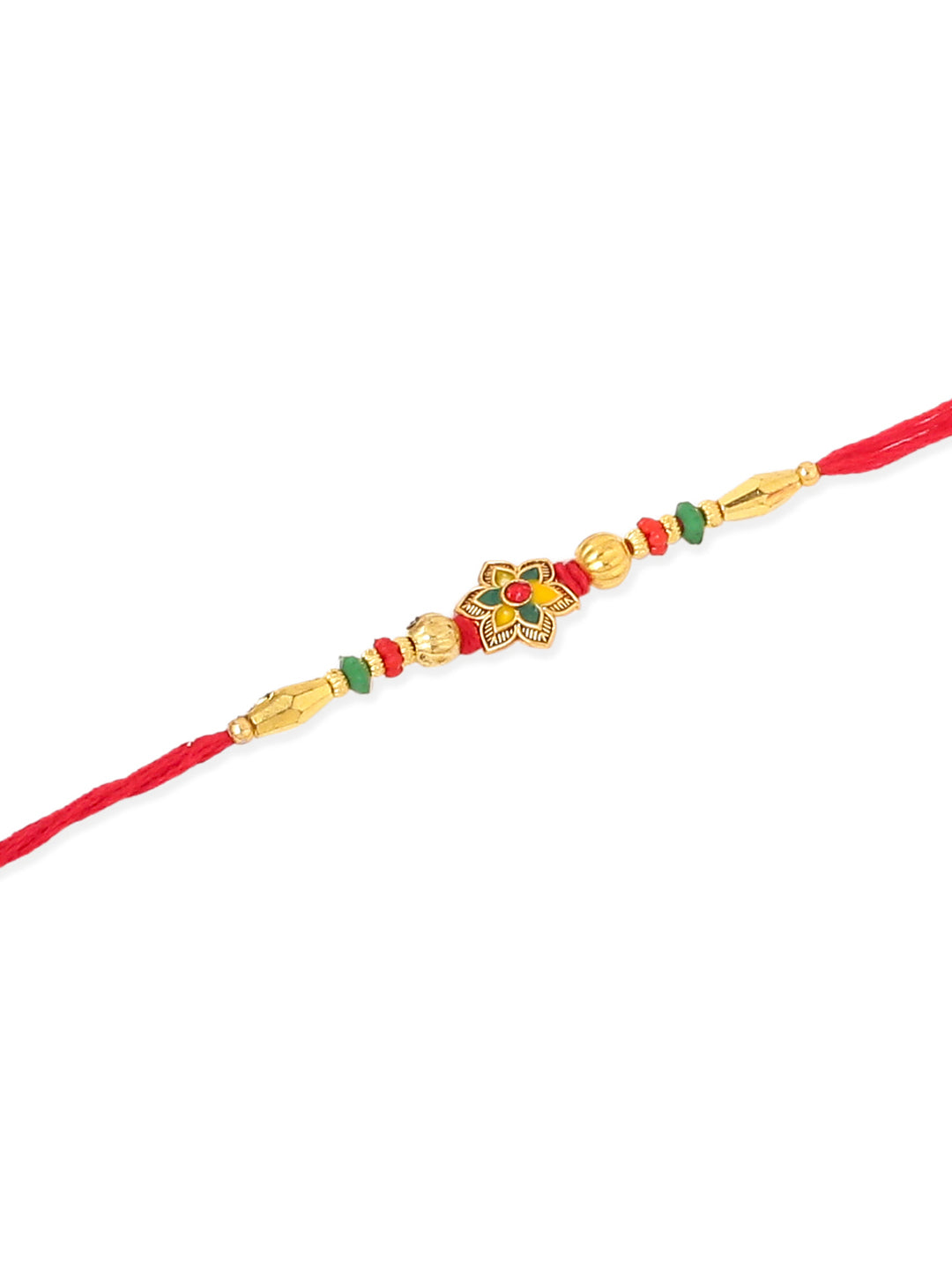 NVR Men Set of 3 Red & Gold Floral Design Artificial Stones and Beads Thread Rakhi With Roli Chawal Chandan & Mishri - Swadesiicart
