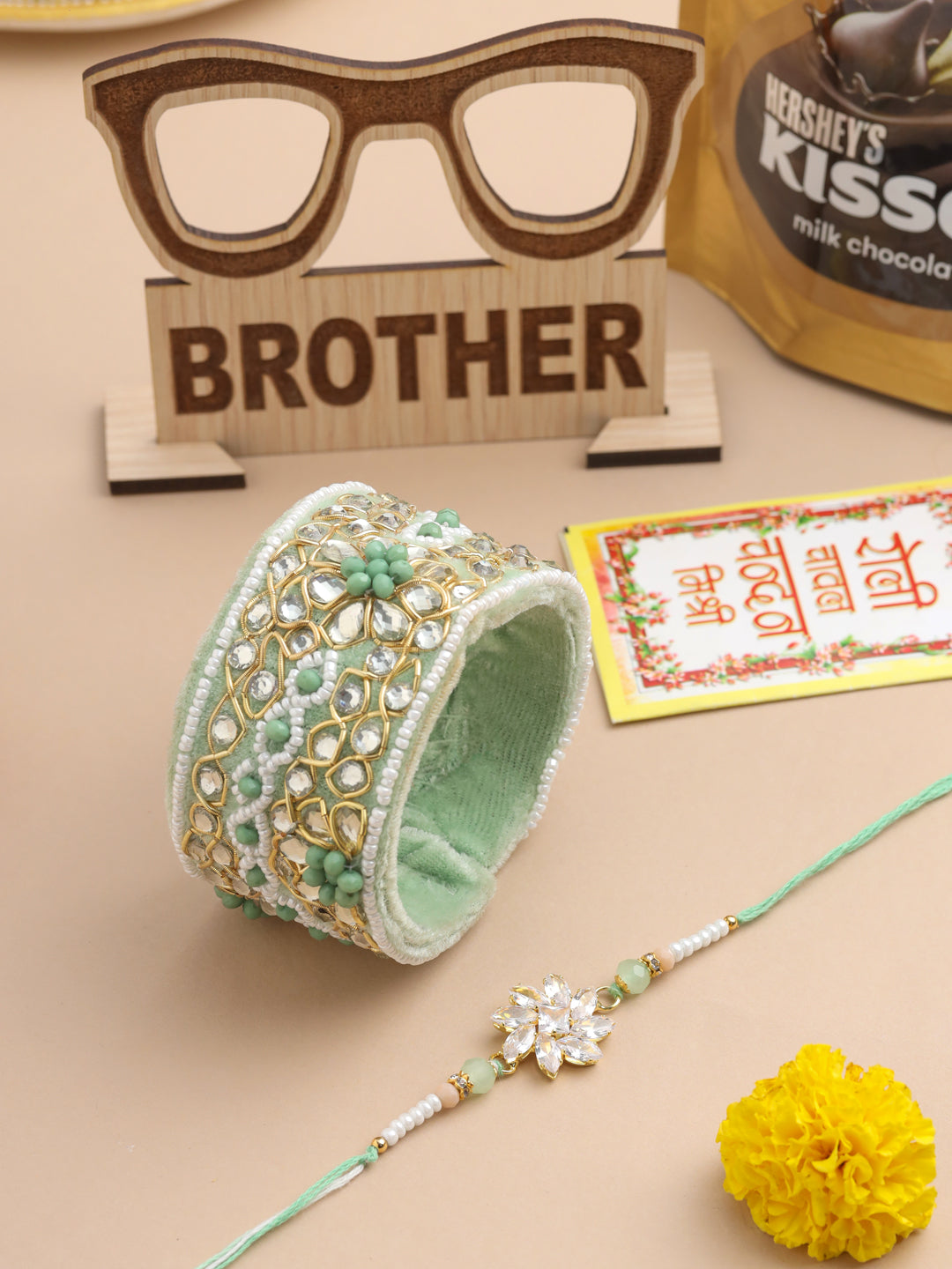 NVR Set of 2 Green Artificial Stones Bhaiya Bhabhi Rakhi Set, Combo for Rakshabandhan | Swadesiicart