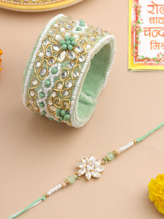 NVR Set of 2 Green Artificial Stones Bhaiya Bhabhi Rakhi With Roli Chawal Chandan & Mishri | Swadesiicart