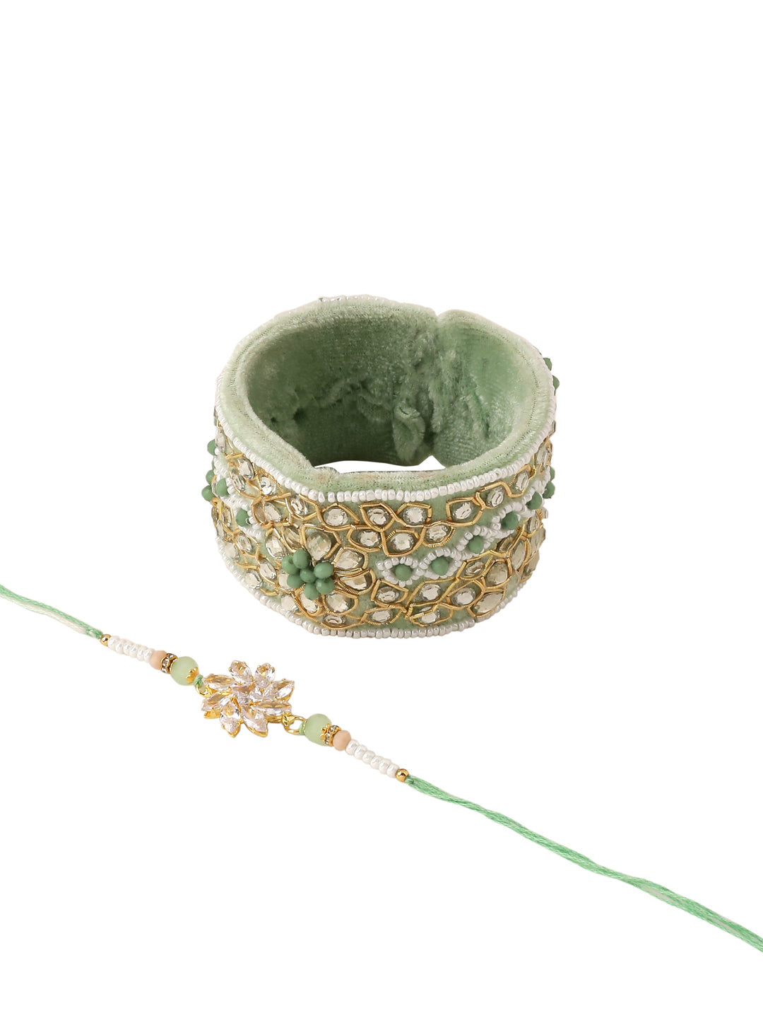 NVR Set of 2 Green Artificial Stones Bhaiya Bhabhi Rakhi With Roli Chawal Chandan & Mishri | Swadesiicart