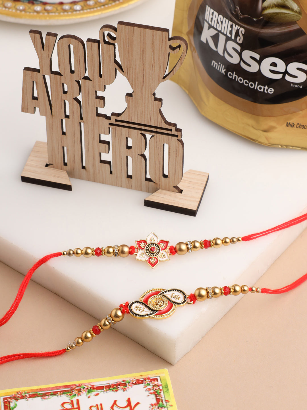 NVR Men Set of 2 Red & Gold Floral Design Artificial Beads Thread Rakhi Combo | Swadesiicart