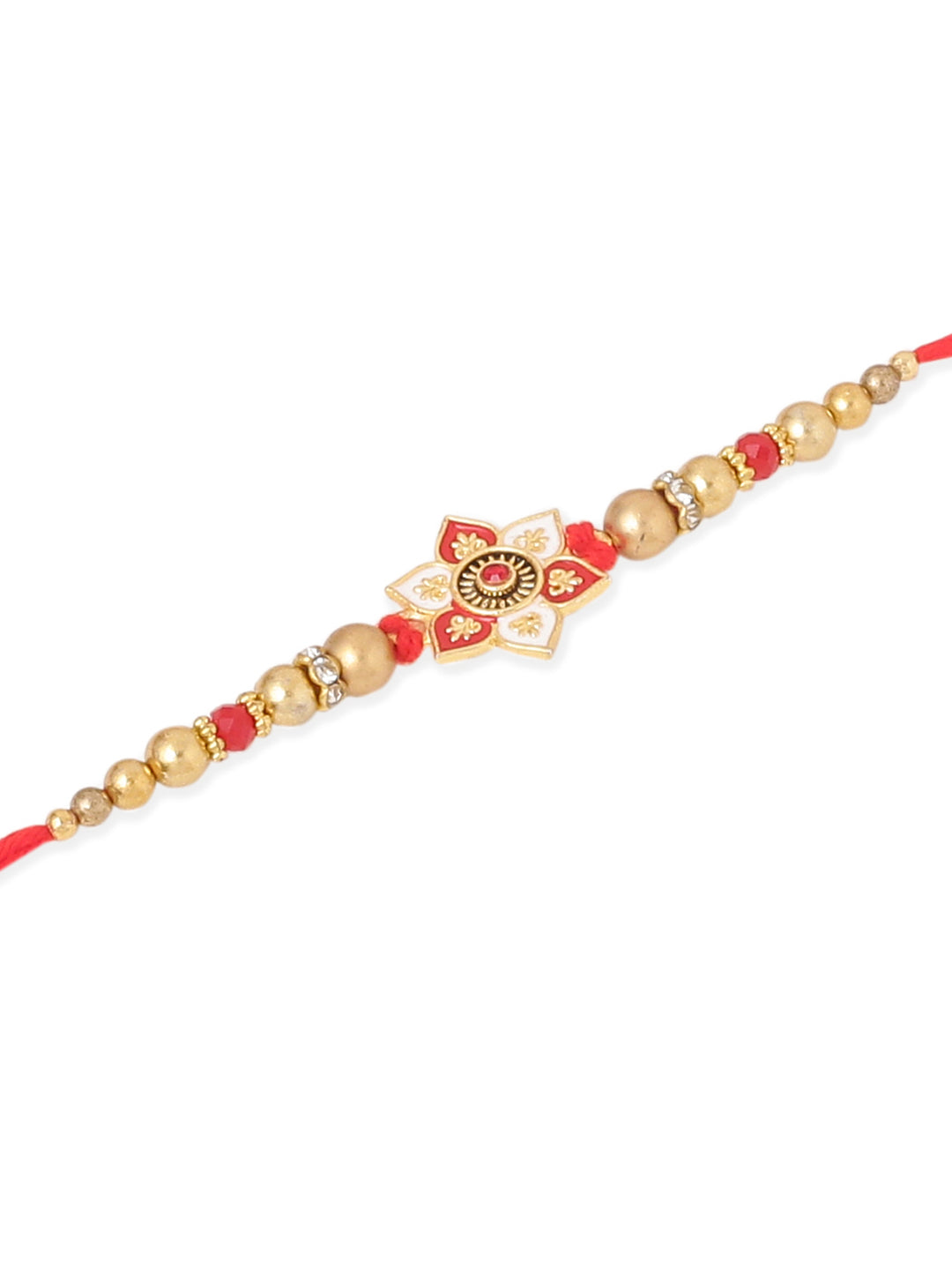 NVR Men Set of 2 Red & Gold Floral Design Artificial Beads Thread Rakhi With Roli Chawal Chandan & Mishri | Swadesiicart