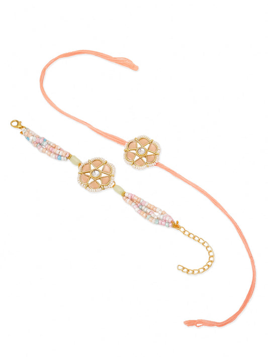 NVR Set of 2 Peach Color Artificial Stones & Pearls Bhaiya Bhabhi Rakhi Combo | Swadesiicart