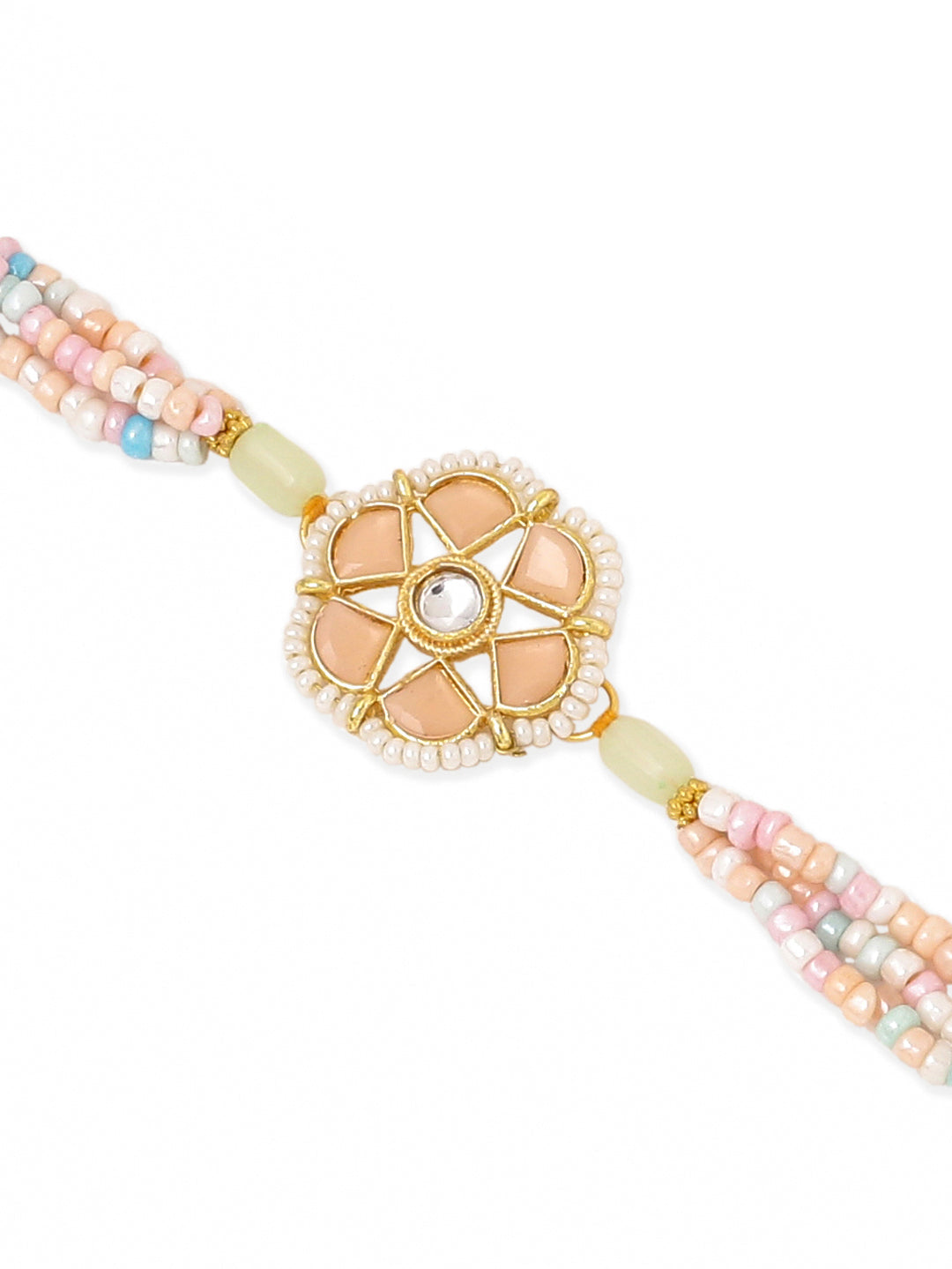 NVR Set of 2 Peach Color Artificial Stones & Pearls Bhaiya Bhabhi Rakhi Combo | Swadesiicart