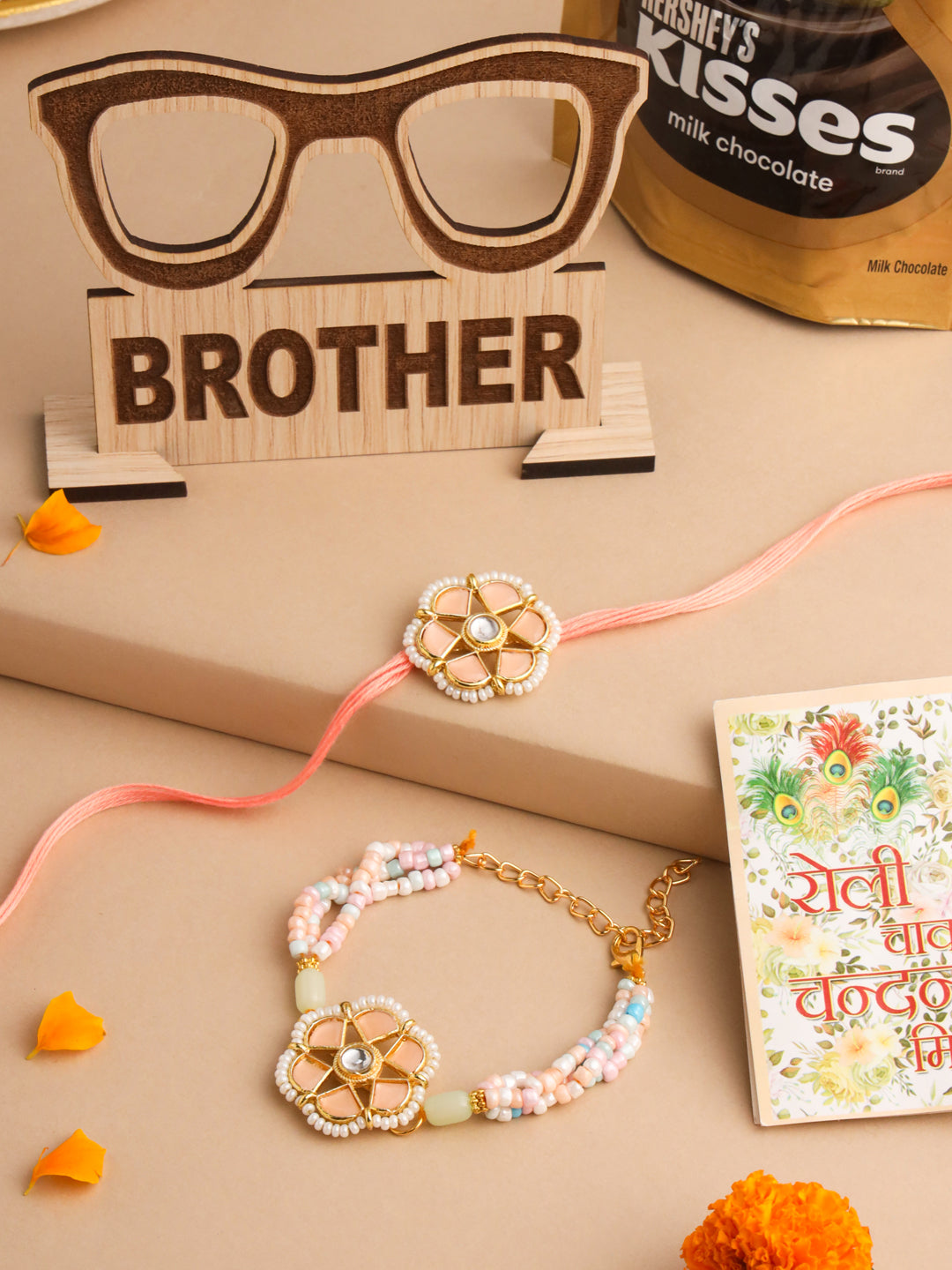 NVR Set of 2 Peach Color Artificial Stones & Pearls Bhaiya Bhabhi Rakhi Combo | Swadesiicart