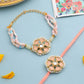 NVR Set of 2 Peach Color Artificial Stones & Pearls Bhaiya Bhabhi Rakhi With Roli Chawal Chandan & Mishri | Swadesiicart