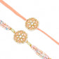NVR Set of 2 Peach Color Artificial Stones & Pearls Bhaiya Bhabhi Rakhi With Roli Chawal Chandan & Mishri | Swadesiicart