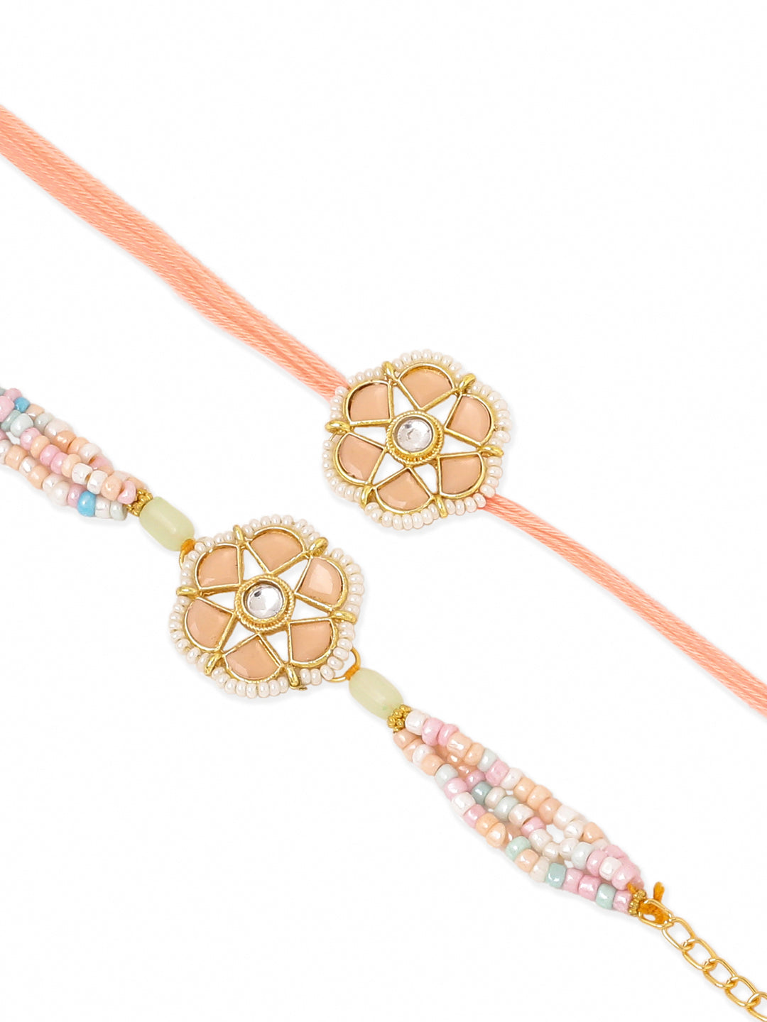 NVR Set of 2 Peach Color Artificial Stones & Pearls Bhaiya Bhabhi Rakhi With Roli Chawal Chandan & Mishri | Swadesiicart