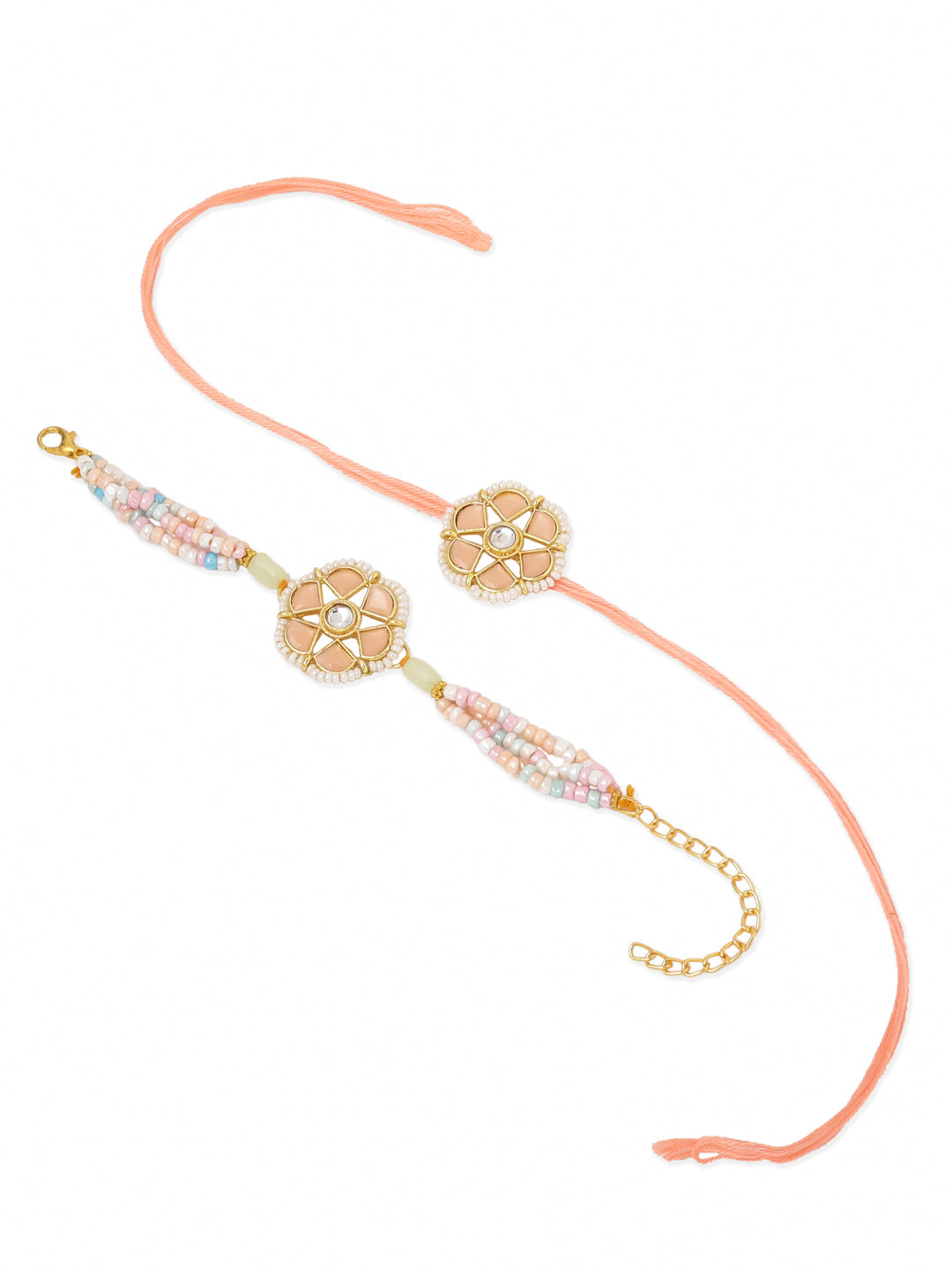 NVR Set of 2 Peach Color Artificial Stones & Pearls Bhaiya Bhabhi Rakhi With Roli Chawal Chandan & Mishri | Swadesiicart