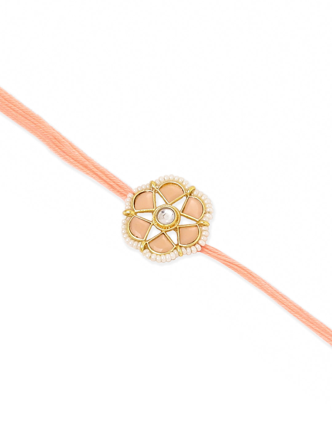 NVR Set of 2 Peach Color Artificial Stones & Pearls Bhaiya Bhabhi Rakhi With Roli Chawal Chandan & Mishri | Swadesiicart