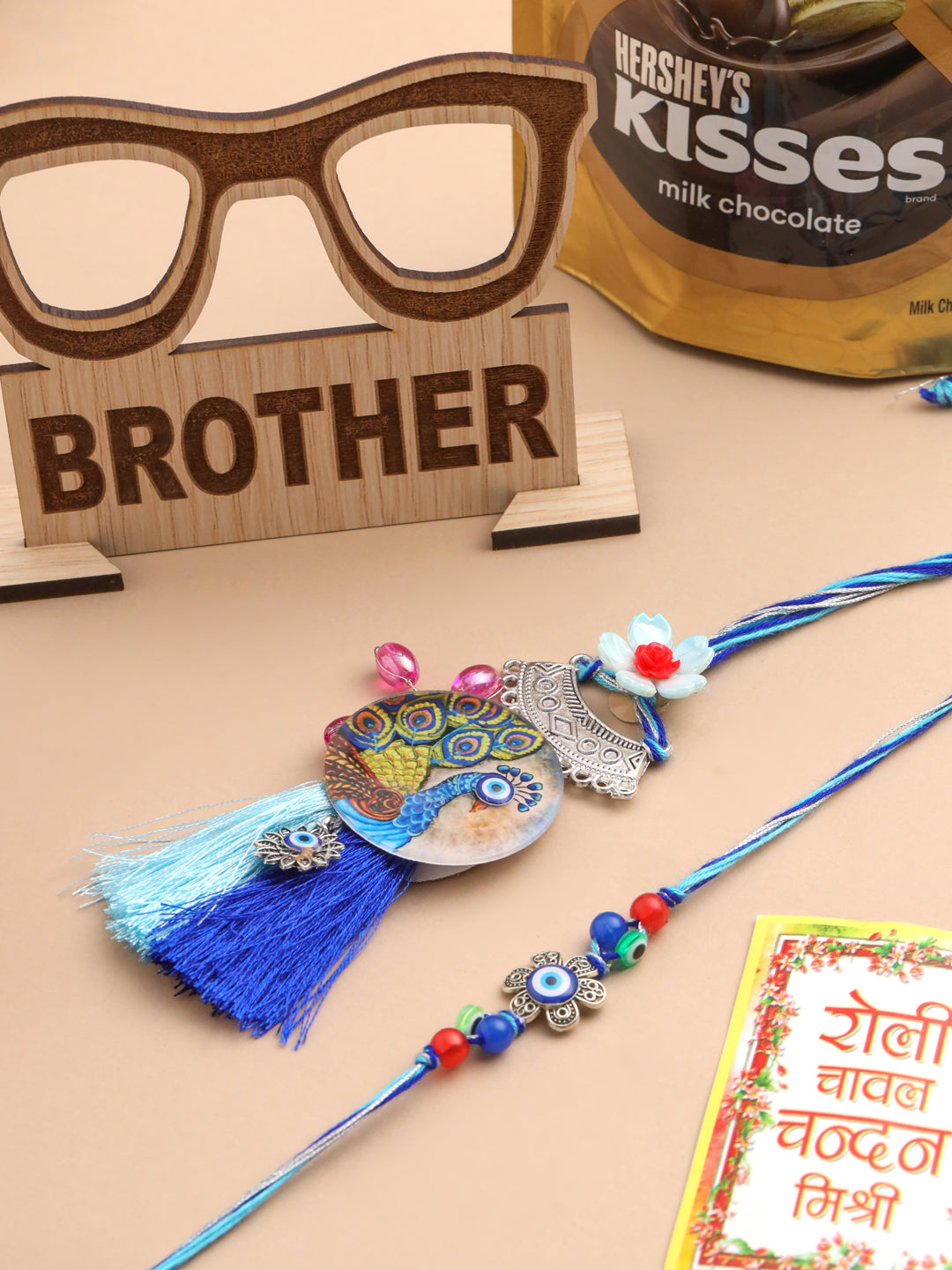 NVR Set of 2 Blue Evil Eye & Peacock Design Artificial Beads Bhaiya Bhabhi Rakhi Combo | Swadesiicart