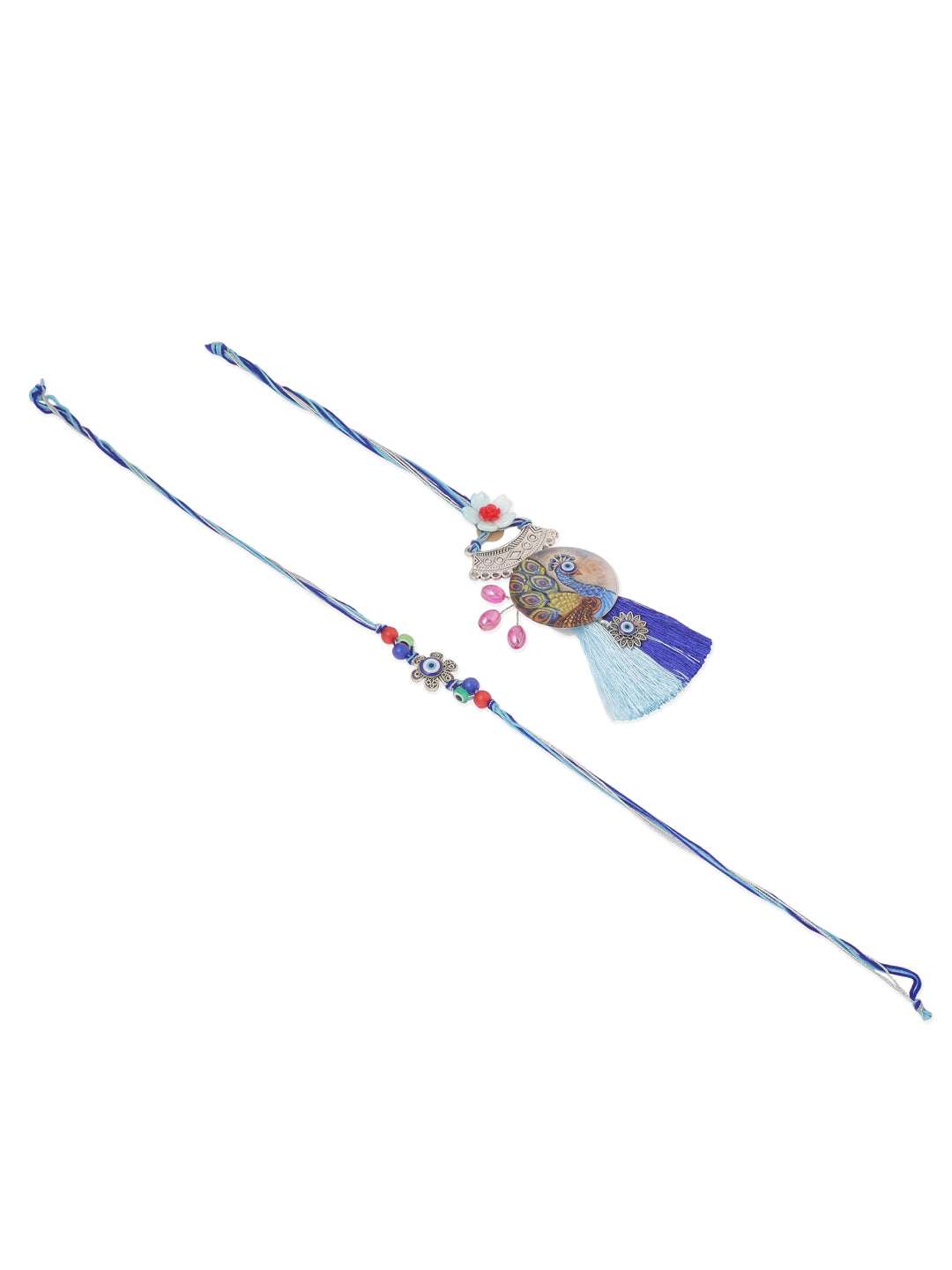 NVR Set of 2 Blue Evil Eye & Peacock Design Artificial Beads Bhaiya Bhabhi Rakhi Combo | Swadesiicart