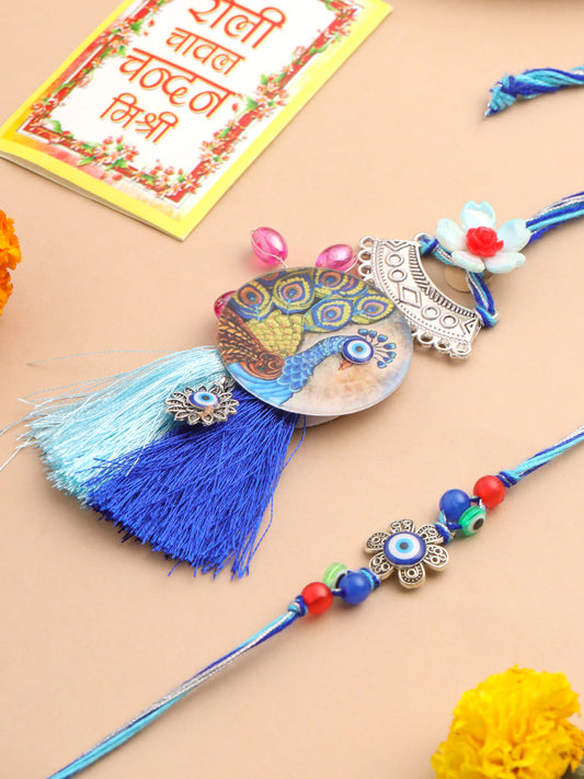 NVR Set of 2 Blue Evil Eye & Peacock Design Artificial Beads Bhaiya Bhabhi Rakhi With Roli Chawal Chandan & Mishri | Swadesiicart