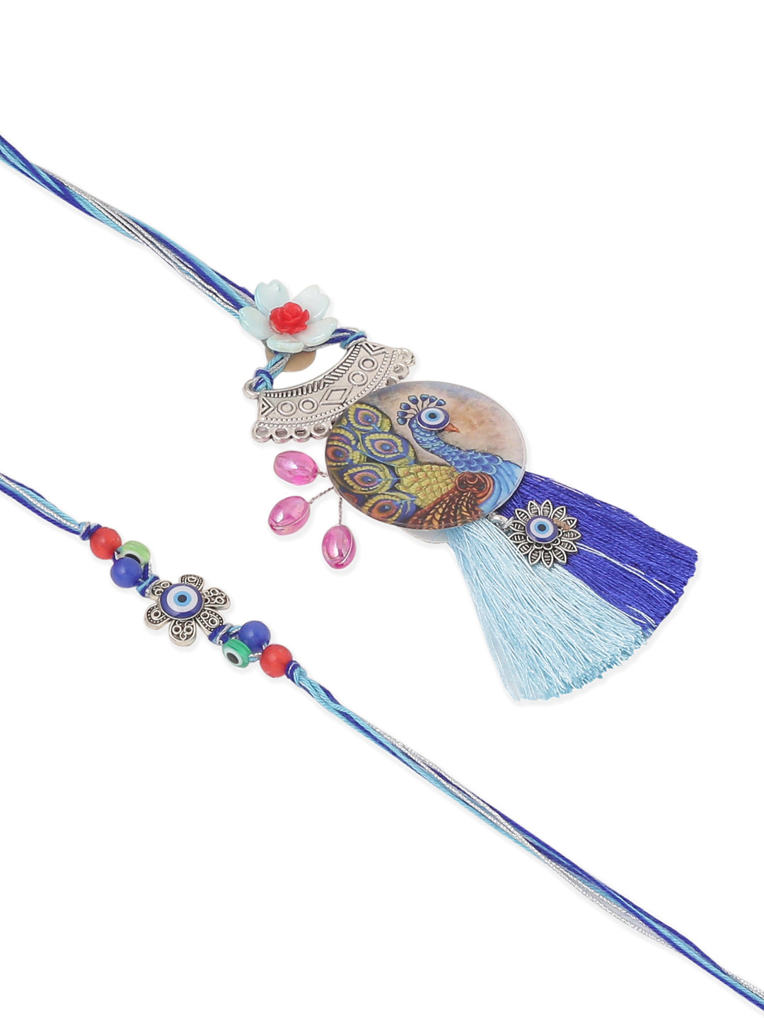NVR Set of 2 Blue Evil Eye & Peacock Design Artificial Beads Bhaiya Bhabhi Rakhi With Roli Chawal Chandan & Mishri | Swadesiicart