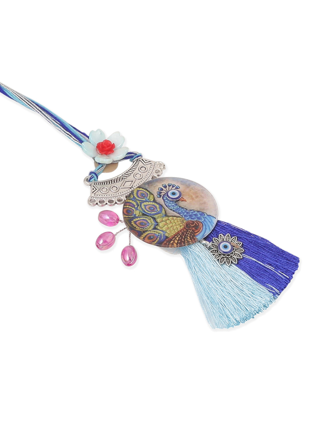 NVR Set of 2 Blue Evil Eye & Peacock Design Artificial Beads Bhaiya Bhabhi Rakhi With Roli Chawal Chandan & Mishri | Swadesiicart