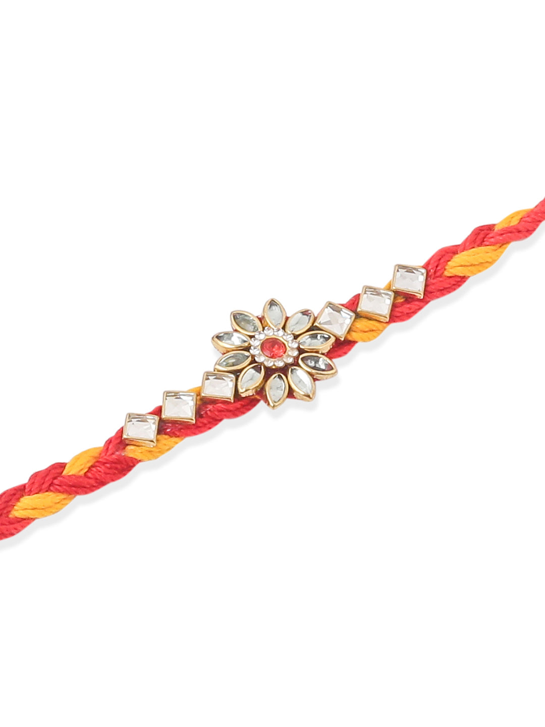 NVR Men Set of 3 Red & Yellow Kundan Studded Floral Design Thread Rakhi Combo | Swadesiicart