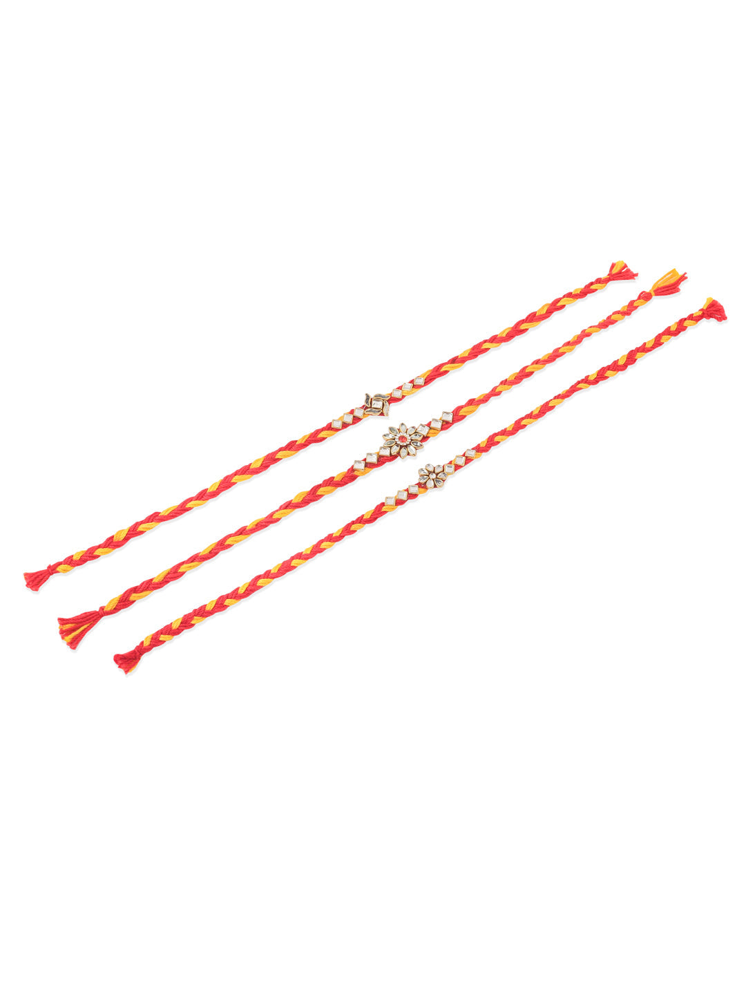 NVR Men Set of 3 Red & Yellow Kundan Studded Floral Design Thread Rakhi Combo | Swadesiicart