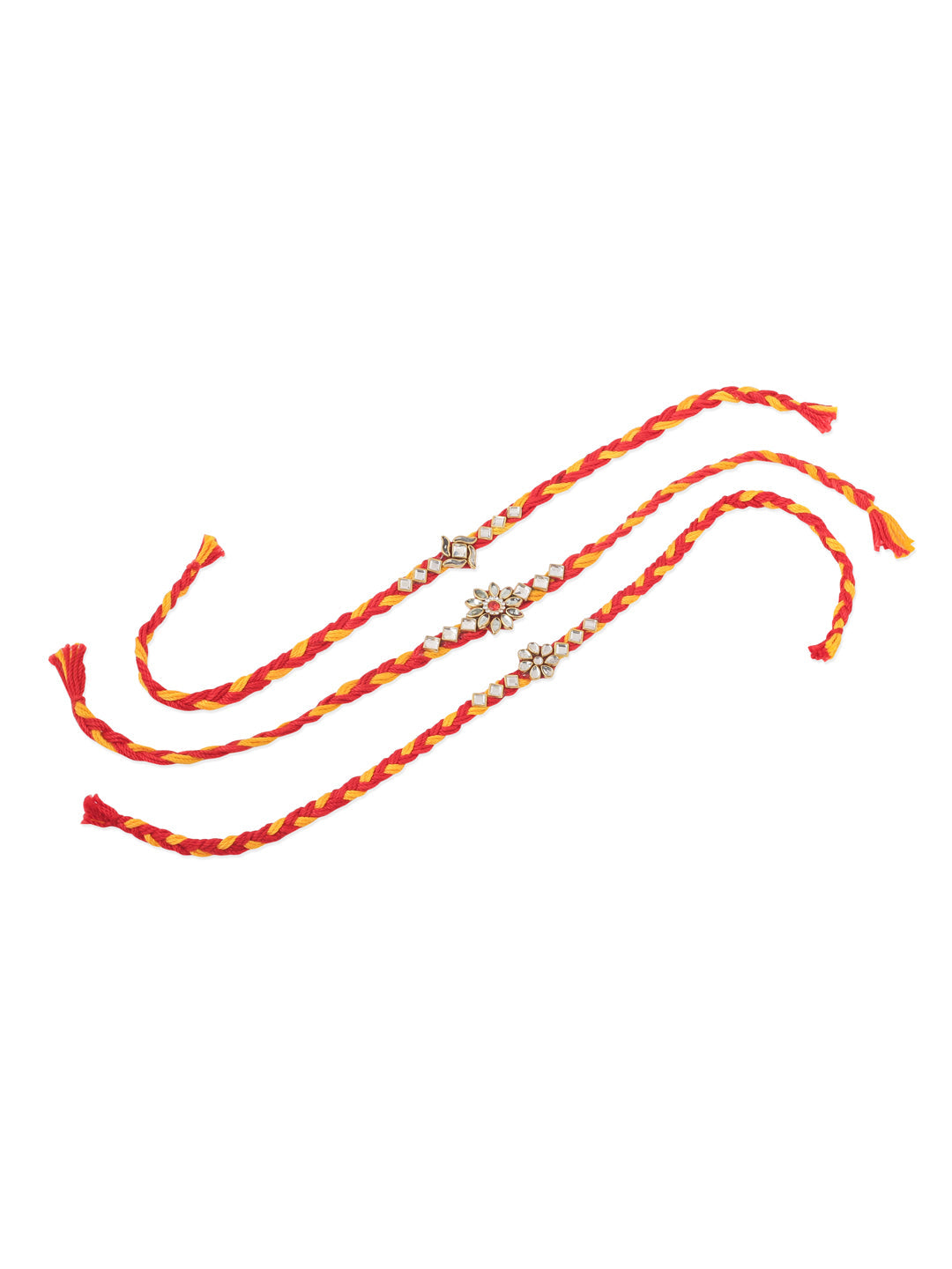 NVR Men Set of 3 Red & Yellow Kundan Studded Floral Design Thread Rakhi Combo | Swadesiicart