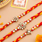 NVR Men Set of 3 Red & Yellow Kundan Studded Floral Design Thread Rakhi with Roli Chawal Chandan & Mishri - Swadesiicart