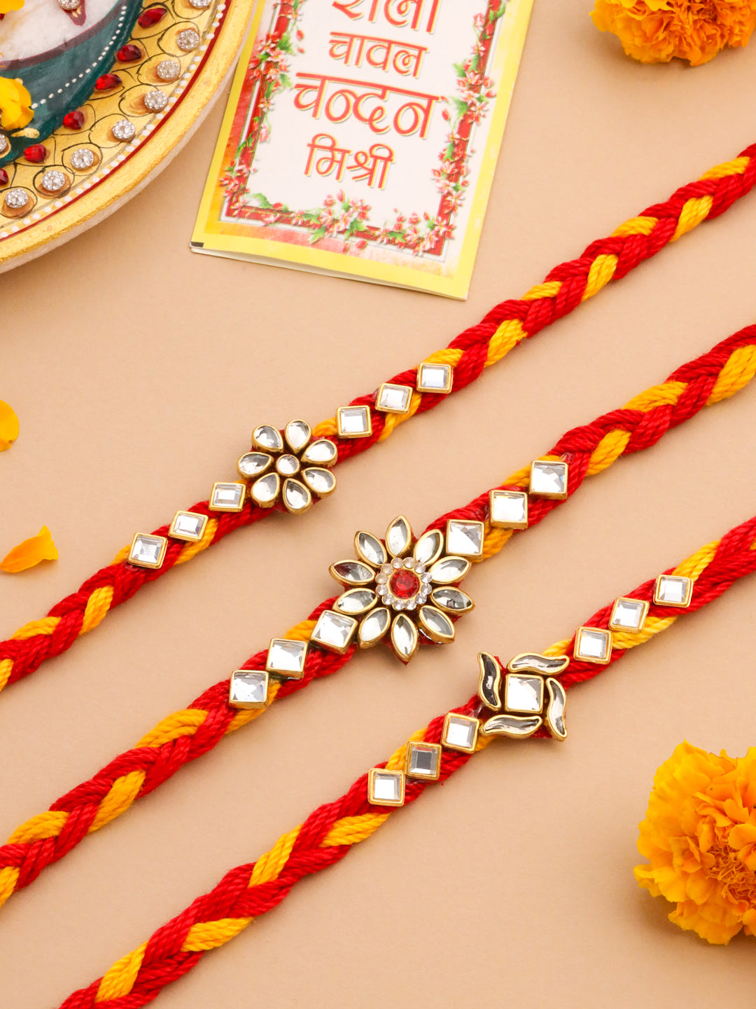 NVR Men Set of 3 Red & Yellow Kundan Studded Floral Design Thread Rakhi with Roli Chawal Chandan & Mishri - Swadesiicart