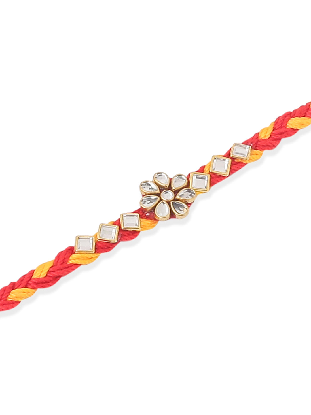 NVR Men Set of 3 Red & Yellow Kundan Studded Floral Design Thread Rakhi with Roli Chawal Chandan & Mishri - Swadesiicart