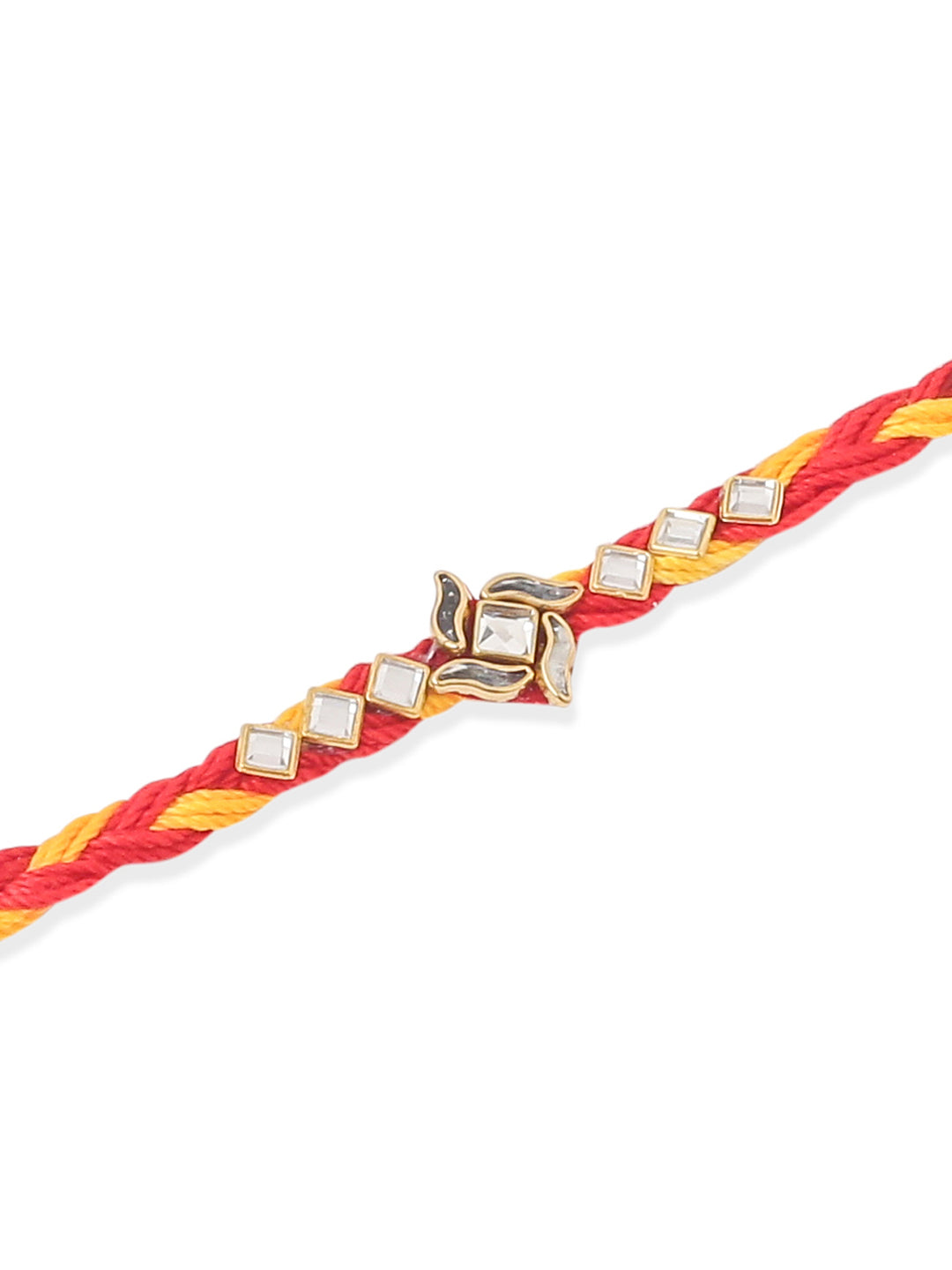 NVR Men Set of 3 Red & Yellow Kundan Studded Floral Design Thread Rakhi with Roli Chawal Chandan & Mishri - Swadesiicart