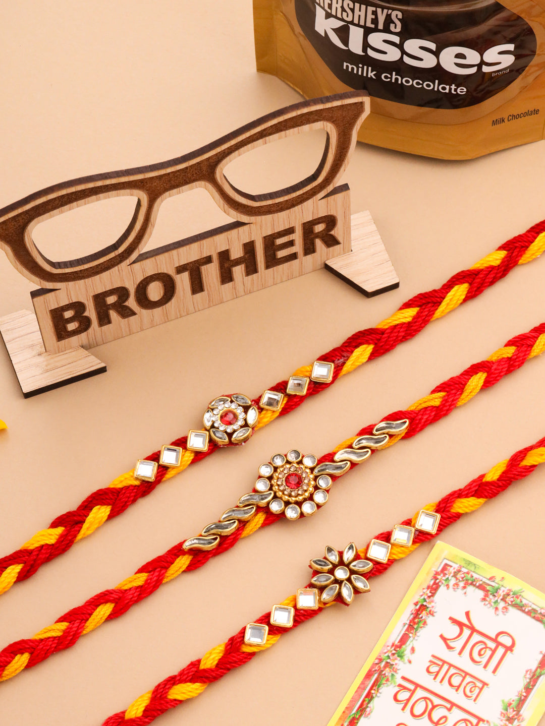 NVR Men Set of 3 Red & Yellow Kundan Studded Floral Design Thread Rakhi Combo | Swadesiicart