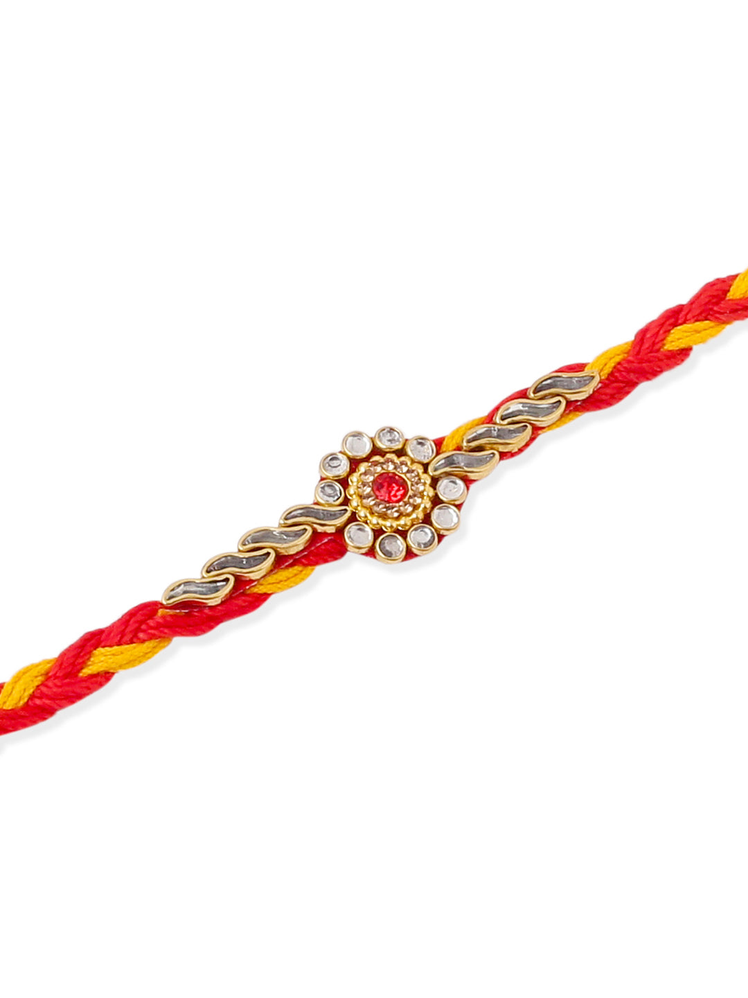 NVR Men Set of 3 Red & Yellow Kundan Studded Floral Design Thread Rakhi Combo | Swadesiicart