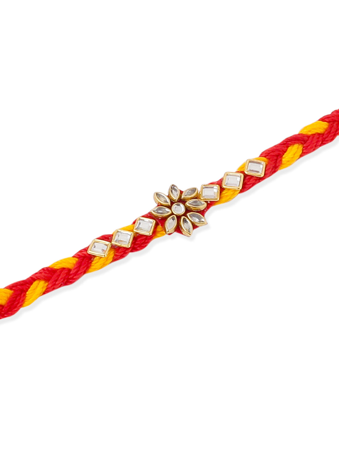 NVR Men Set of 3 Red & Yellow Kundan Studded Floral Design Thread Rakhi Combo | Swadesiicart