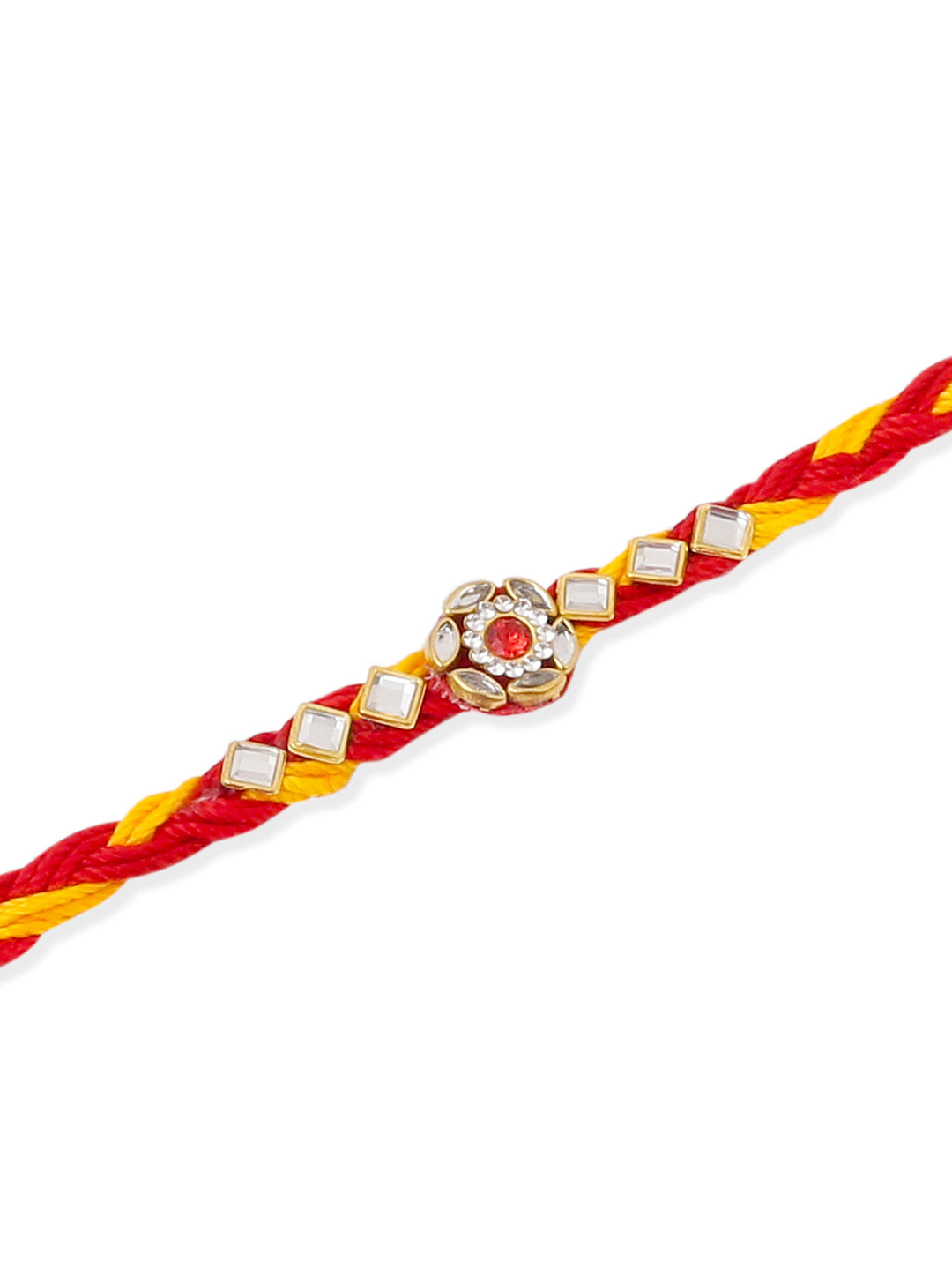 NVR Men Set of 3 Red & Yellow Kundan Studded Floral Design Thread Rakhi Combo | Swadesiicart